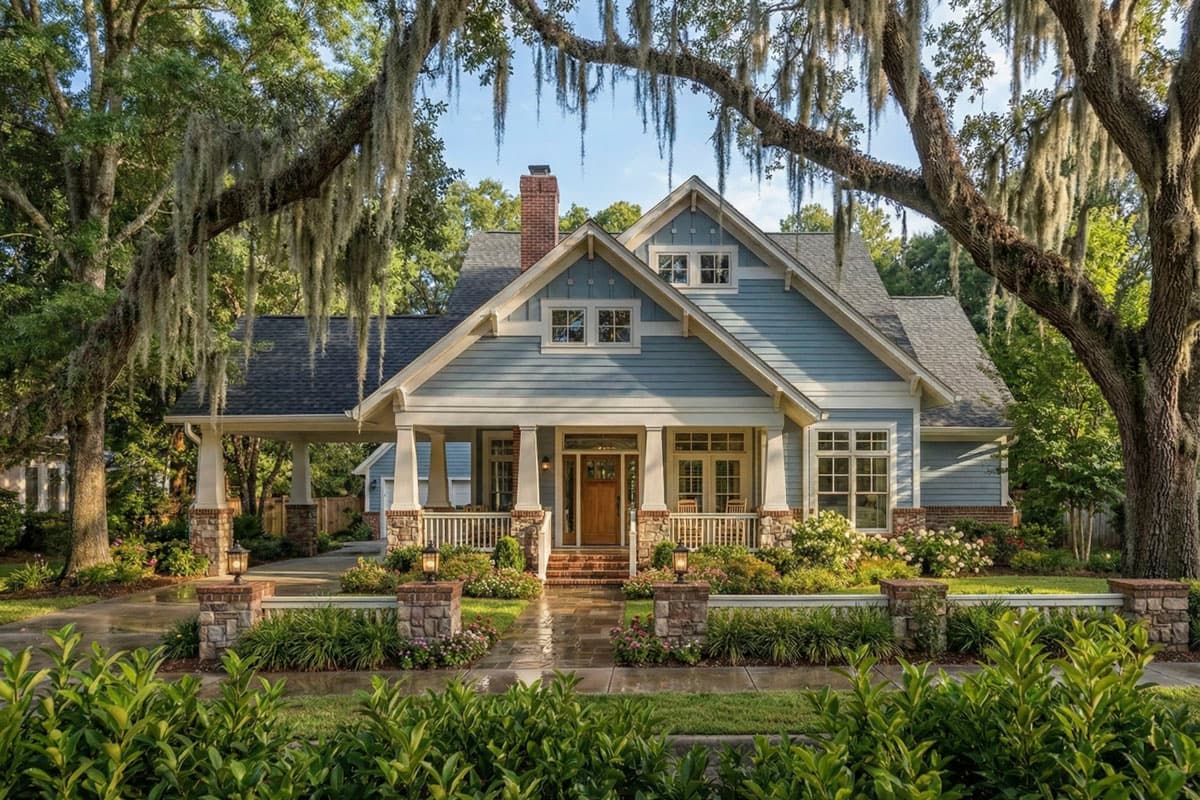 Craftsman house plan exterior with gabled dormers, a covered porch, and attached carport. Two stories visible.