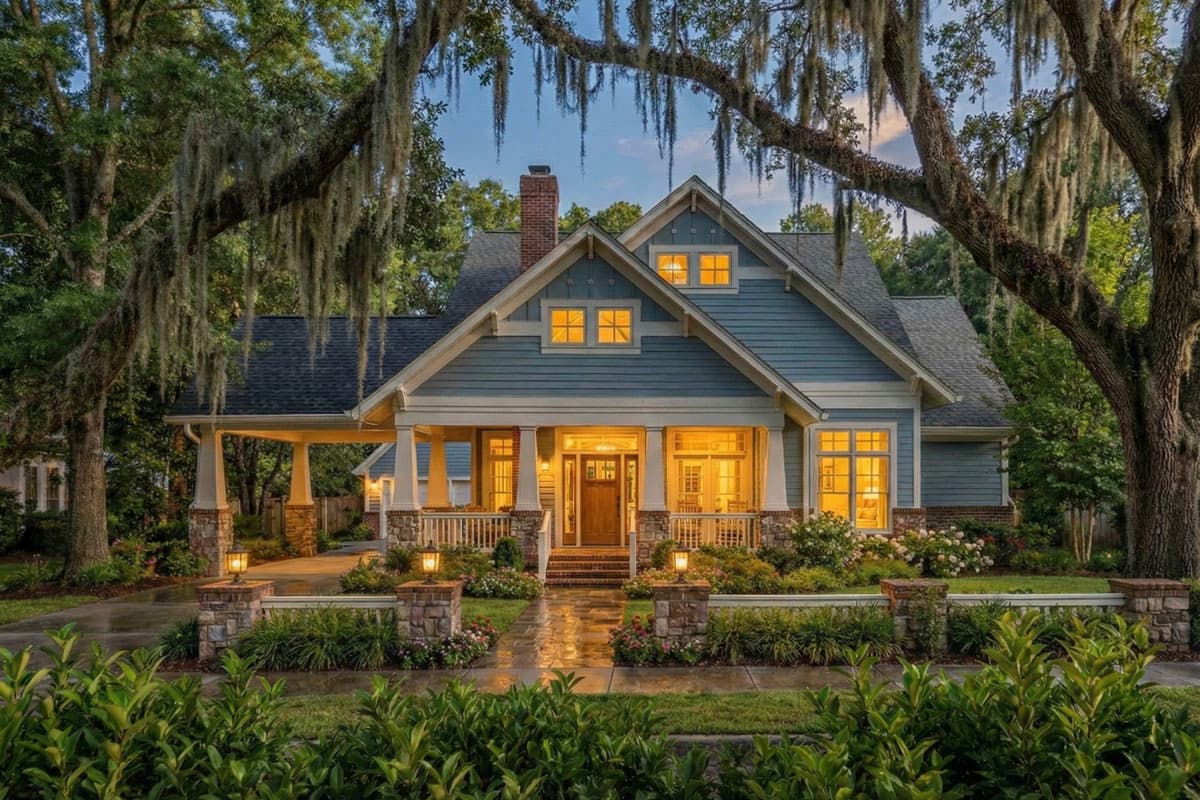 Craftsman-style house plan exterior. Features include a front porch with columns, gabled roof, and dormers. Two-story with covered carport.