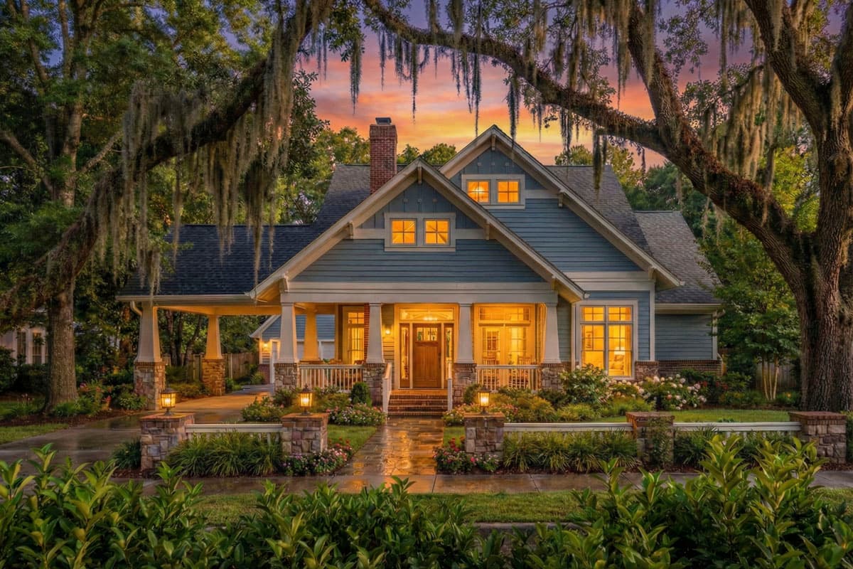 Craftsman style house plan exterior with wraparound porch, dormers, stone accents, and covered carport.