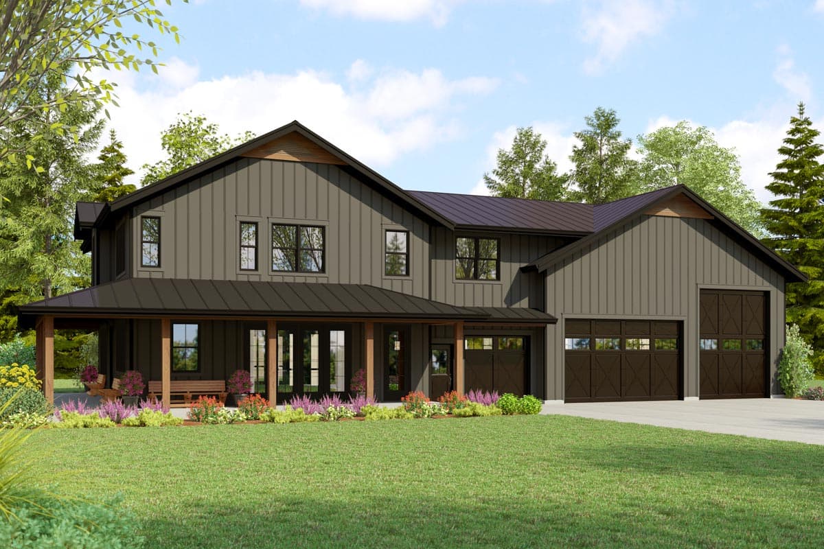 House plan exterior. Modern Farmhouse style with two stories, a covered porch, board and batten siding, and a two-car garage.
