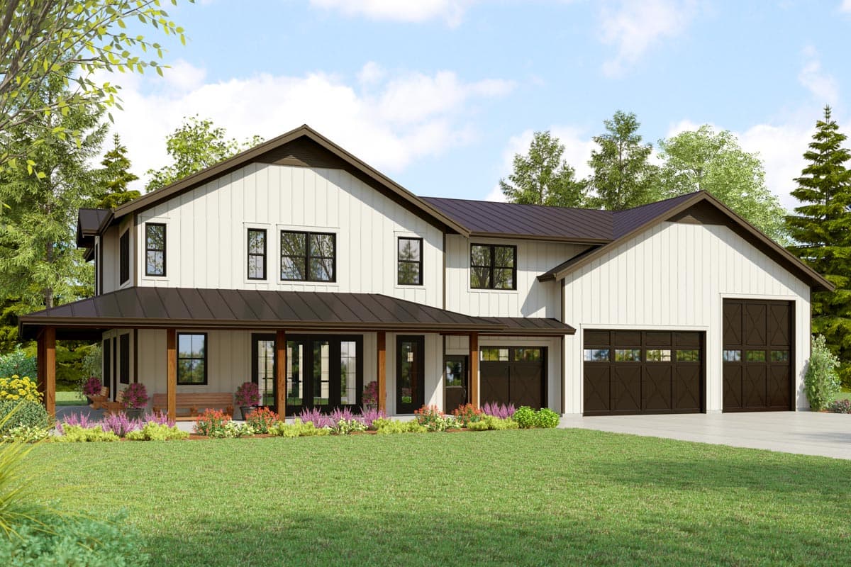 Modern Farmhouse house plan exterior. Two stories, white board-and-batten siding, wraparound porch, and a three-car garage.