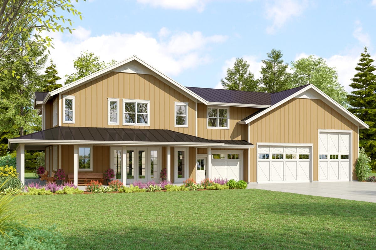 Modern Farmhouse house plan exterior with tan vertical siding, dark roof, covered porch, and a three-car garage.