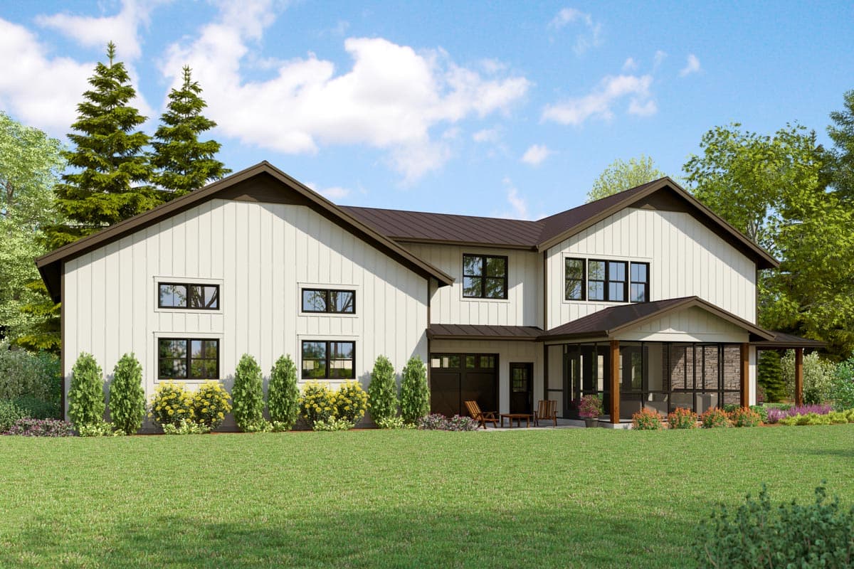 Modern Farmhouse house plan exterior with board and batten siding, dark metal roof, covered porch, and attached garage.