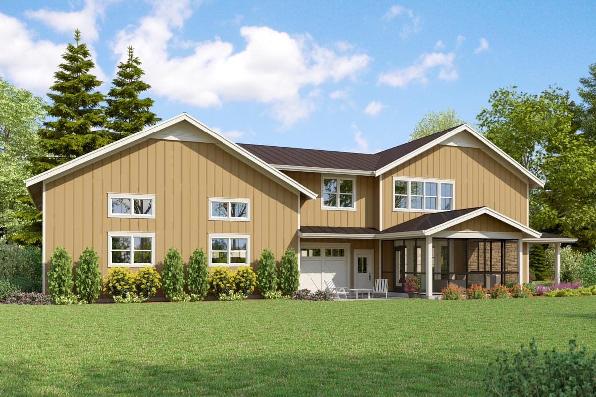 Modern Farmhouse house plan exterior, two stories, with a gable roof, attached garage, and screened porch.