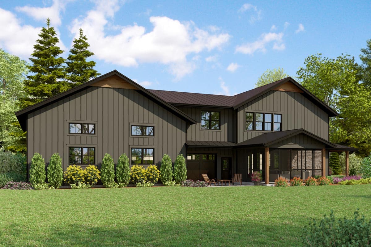Modern Farmhouse house plan exterior with vertical siding, gables, a covered porch, and attached garage.
