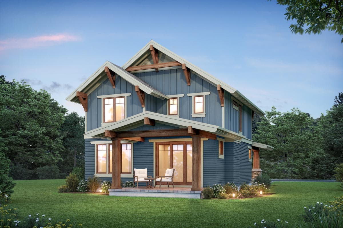 Craftsman style two-story house plan exterior with gabled roof, exposed rafter tails, and covered porch with timber posts.