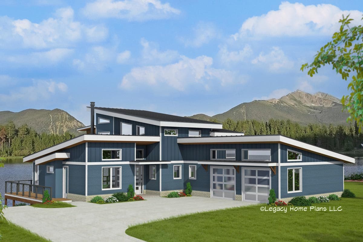 House plan exterior. Modern style, two-story home with flat and angled rooflines. Features include an attached garage and a deck.
