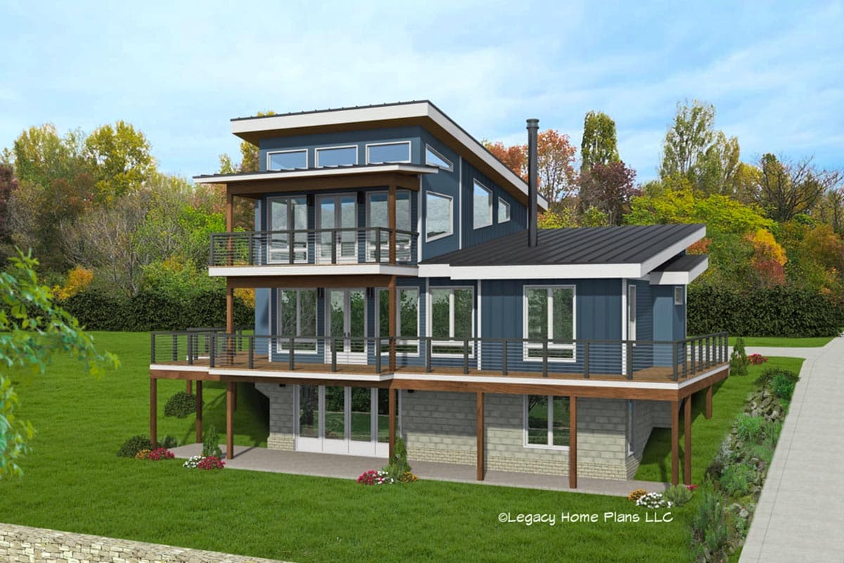 Modern house plan exterior with multiple decks, cantilevered levels, extensive glass, and a sloping roofline.