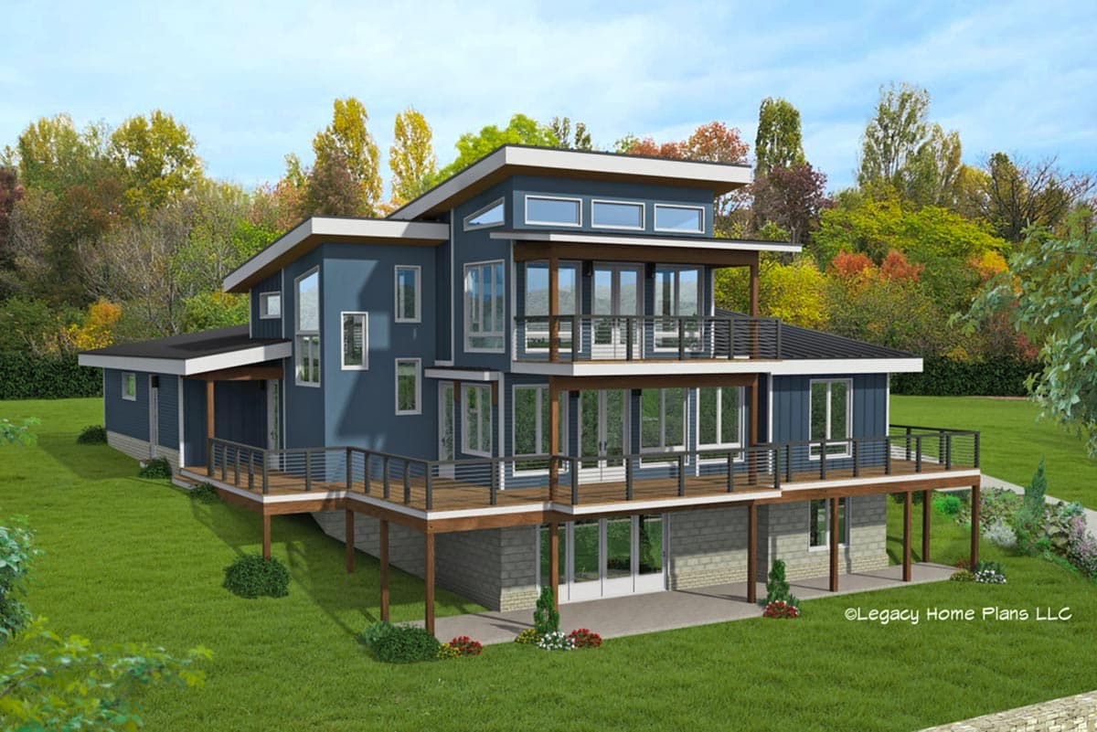 Modern house plan exterior with multiple levels, wraparound decks, large windows, and asymmetric rooflines.