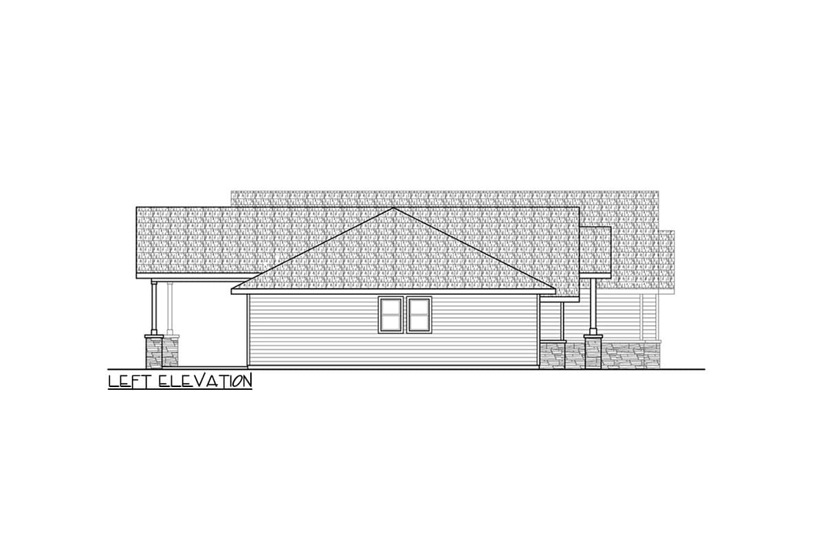 Left elevation drawing of a house plan with gabled roof, porch, and stone accents.