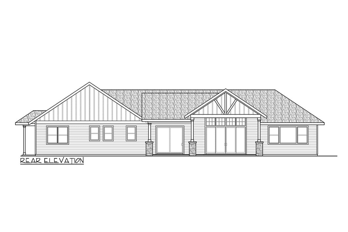 Rear elevation drawing of a single-story house plan with gables, double doors, and a prominent front-facing gable with exposed beams.