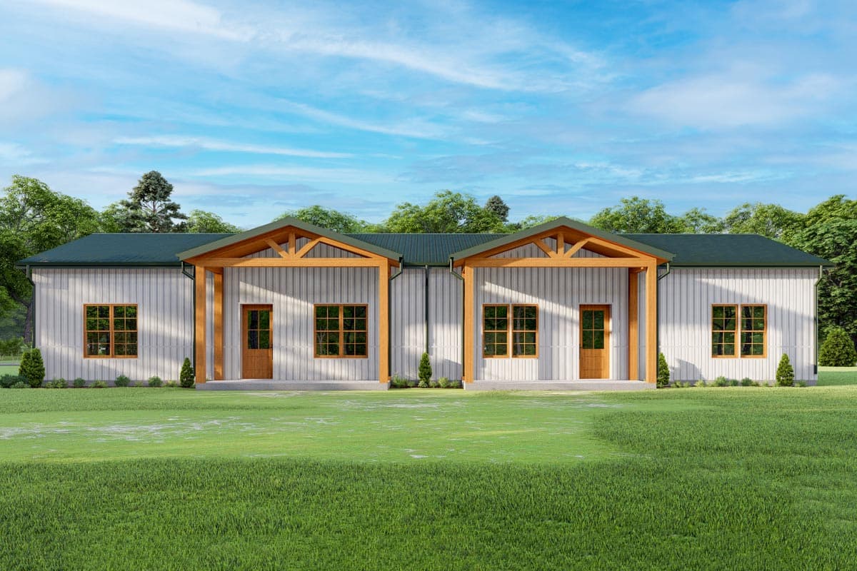 House plan exterior with two units, open wooden entry porch, gabled roof, and vertical siding. Single story design.