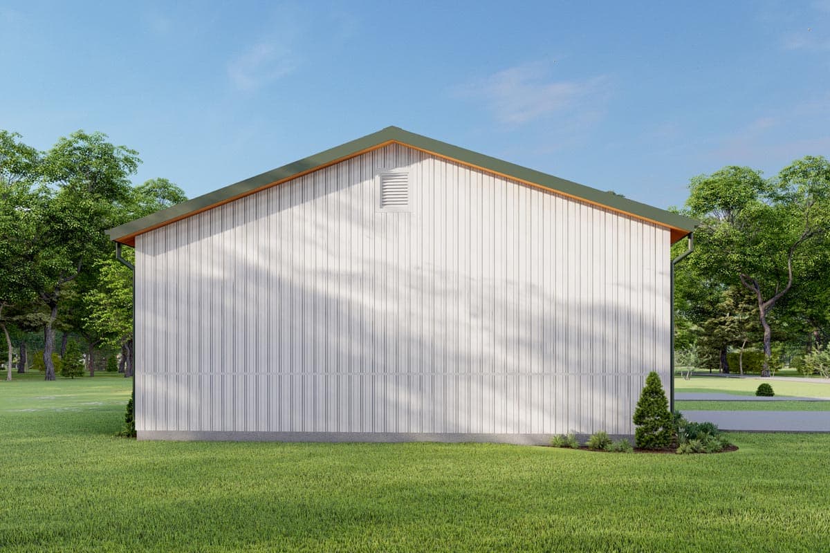 House plan exterior: one-story structure with white vertical siding, gable roof, and louvered vent.