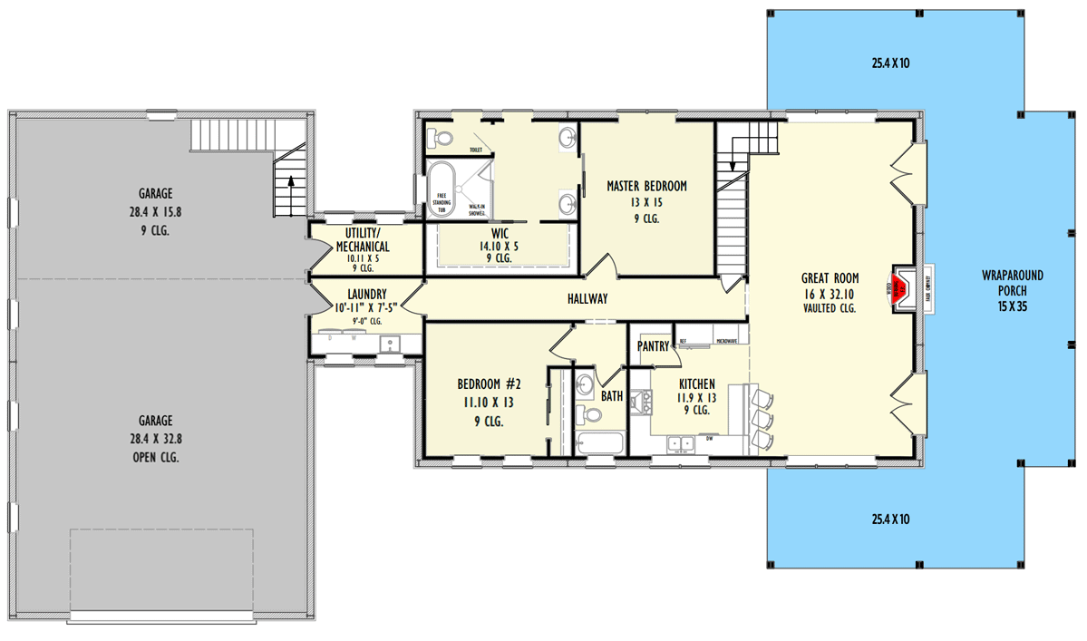 Plan 777063MTL: Over 3,000 Square Foot Barndominium with Wraparound Porch - Floor Plan - Main Level - Barndominium, Country, Farmhouse, Modern Farmhouse, Mountain, New American, Rustic