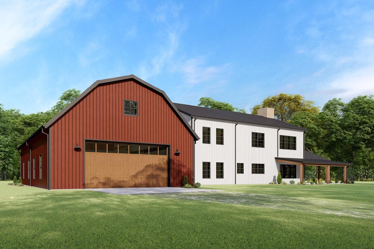 House plan exterior featuring a red barn with a large wooden garage door and a two-story white home with a covered porch.