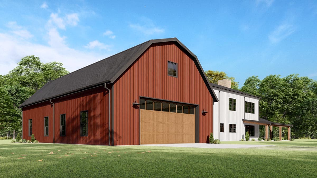 House plan exterior with gambrel barn style garage and attached two-story white home with covered porch.