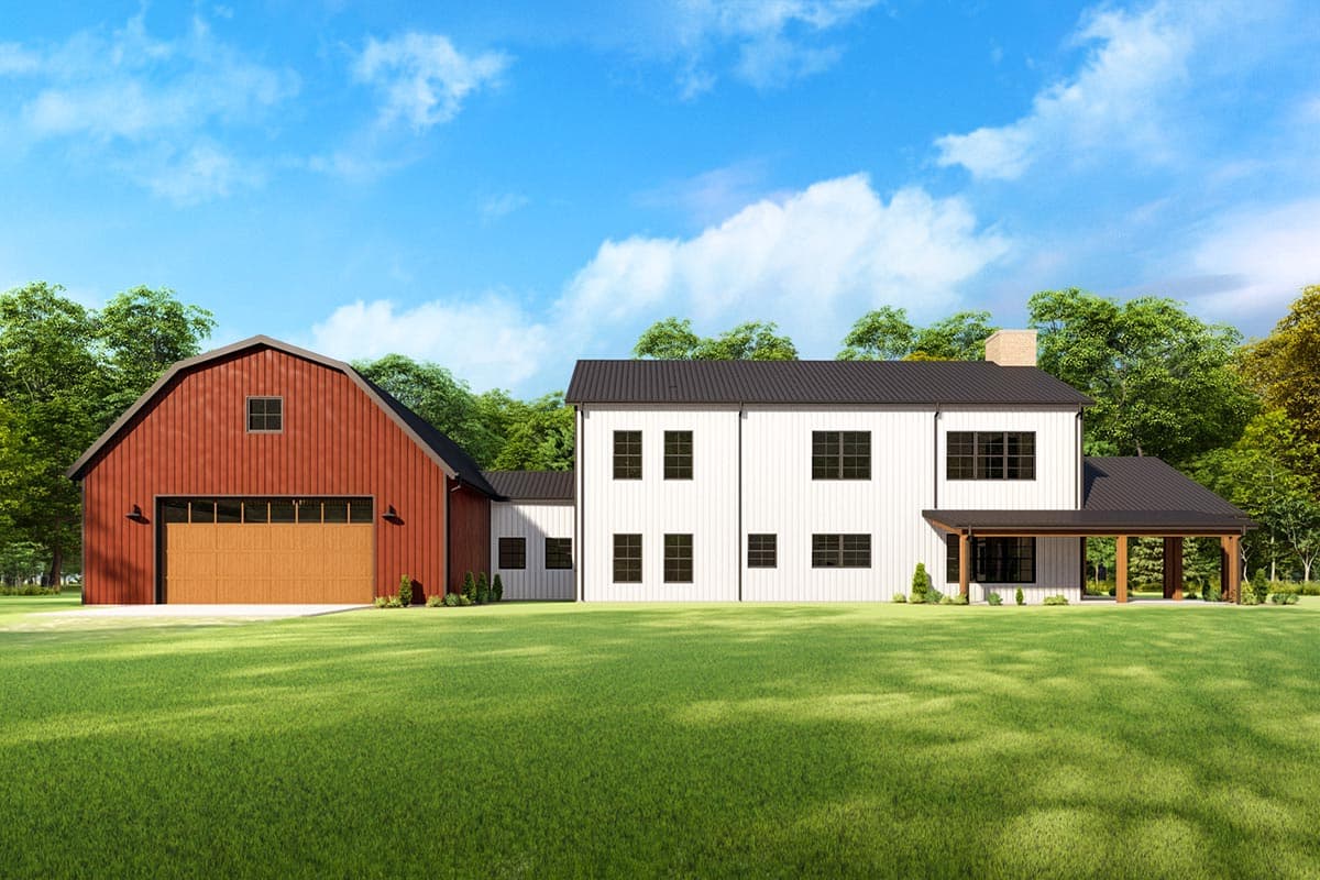 House plan exterior. Two-story Modern Farmhouse with a gable roof, covered porch, and a detached barn-style garage.