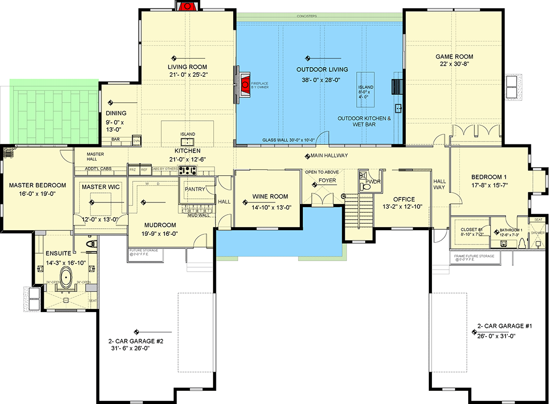 Plan 735007CAR: 2-Story Modern Farmhouse Home Plan Over 5000 Square Feet with Large Outdoor Living Room - Floor Plan - Main Level - Contemporary, Modern Farmhouse, New American, Transitional