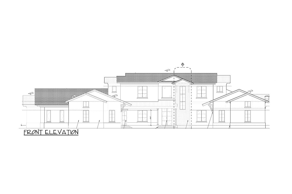 Front elevation drawing of a two-story house plan with a gabled roof, covered porch, and multiple windows.