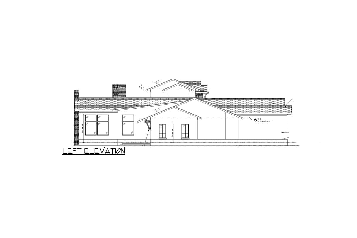 Left elevation drawing of a single-story house plan featuring a prominent chimney, varied rooflines, and multiple windows.