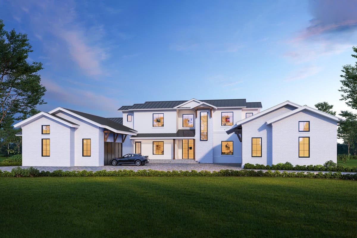 House plan exterior. Two-story modern farmhouse with multiple gables, brick exterior, and a detached garage with an attached carport.