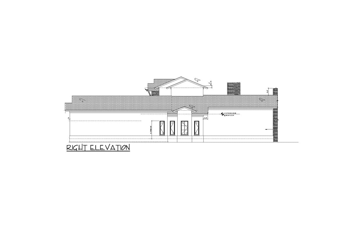 Right elevation drawing of a house plan, showing multiple gables, dormers, and chimneys.