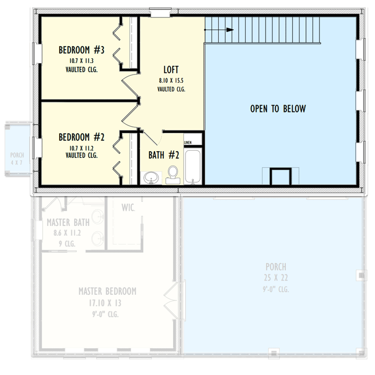 Plan 777064MTL: 3-Bed Rustic Farmhouse Plan with 2-Story Living Room - Floor Plan - 2nd Floor - Barndominium, Country, Farmhouse, Rustic