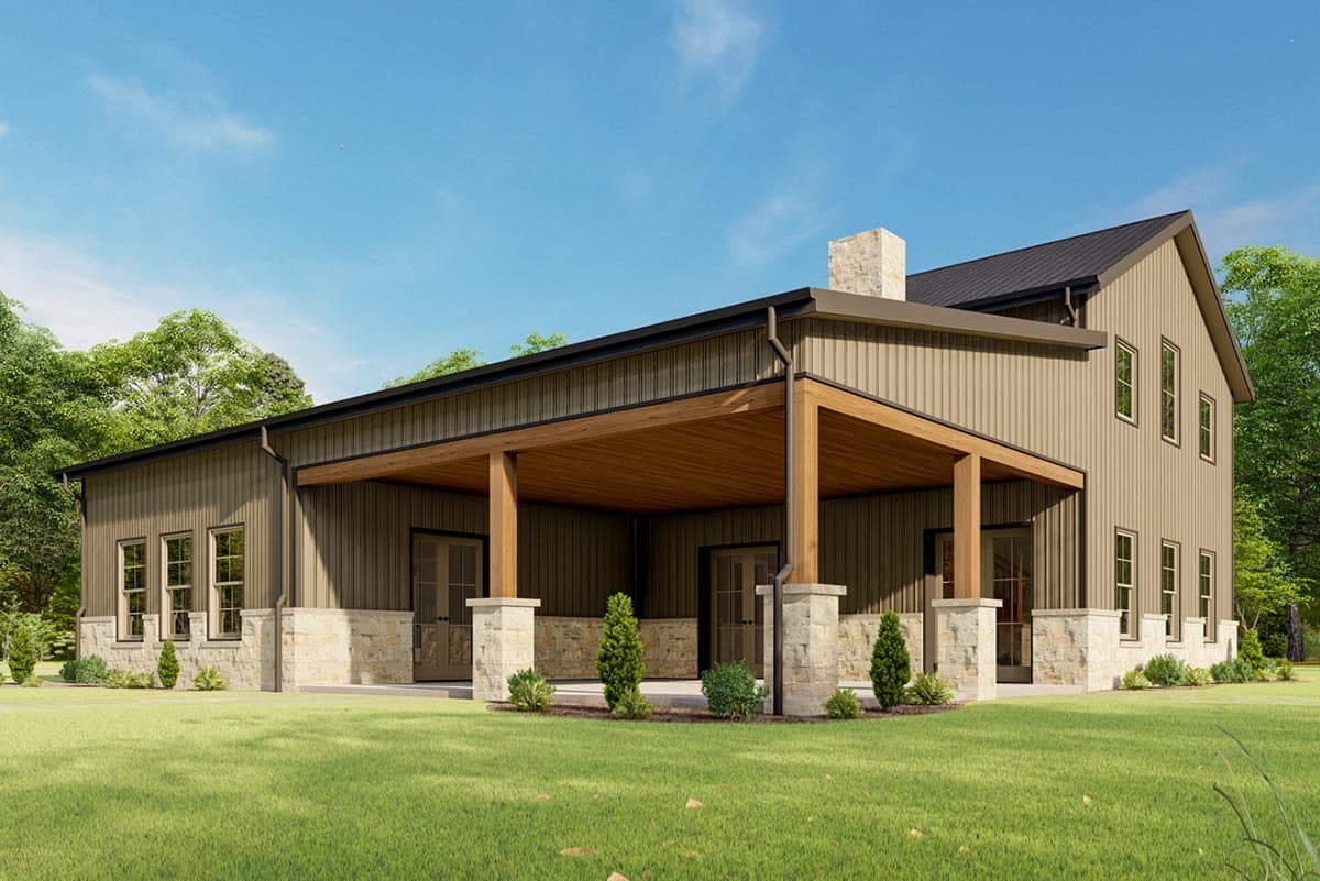 Modern Farmhouse house plan exterior with stone base, metal siding, covered porch with timber supports, and gabled roof.