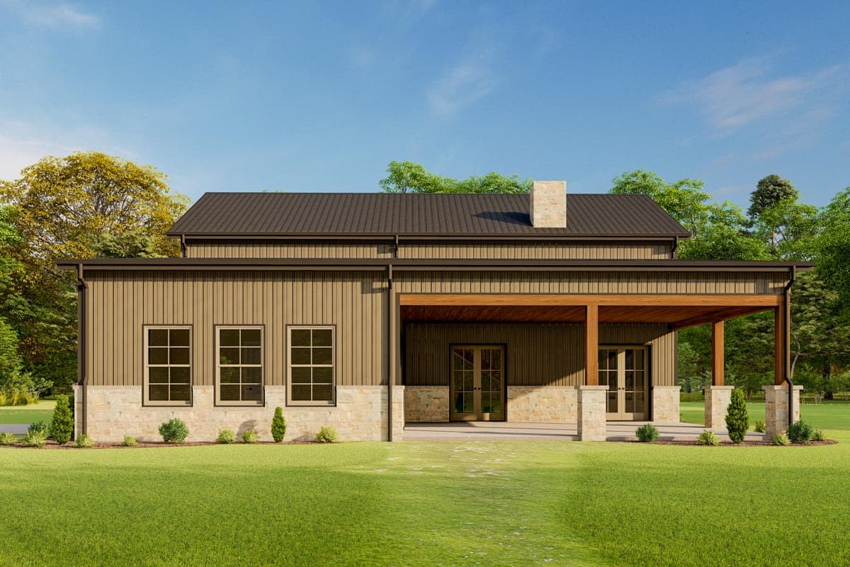 House plan exterior: Modern Farmhouse style, two stories, board-and-batten siding, stone foundation, gabled roof, and covered porch.
