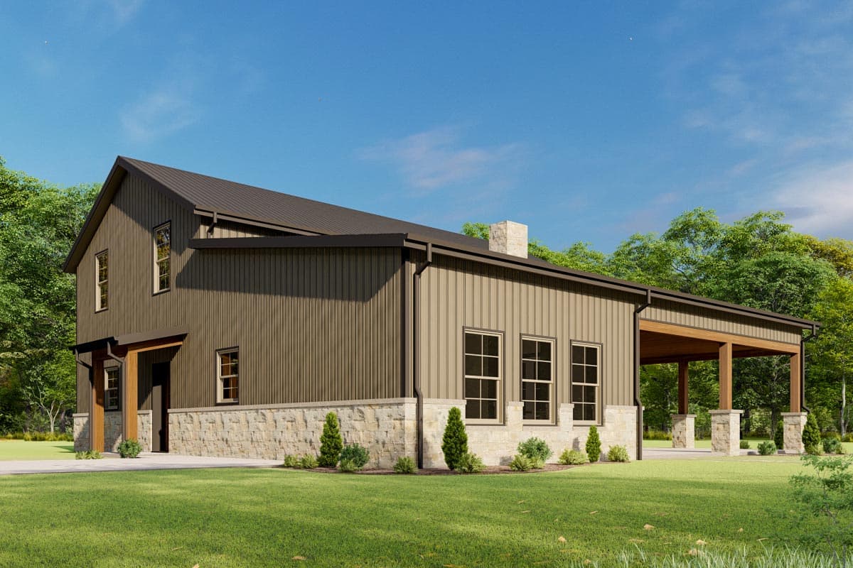 Plan 777064MTL: 3-Bed Rustic Farmhouse Plan with 2-Story Living Room - Image #4 - Barndominium, Country, Farmhouse, Rustic