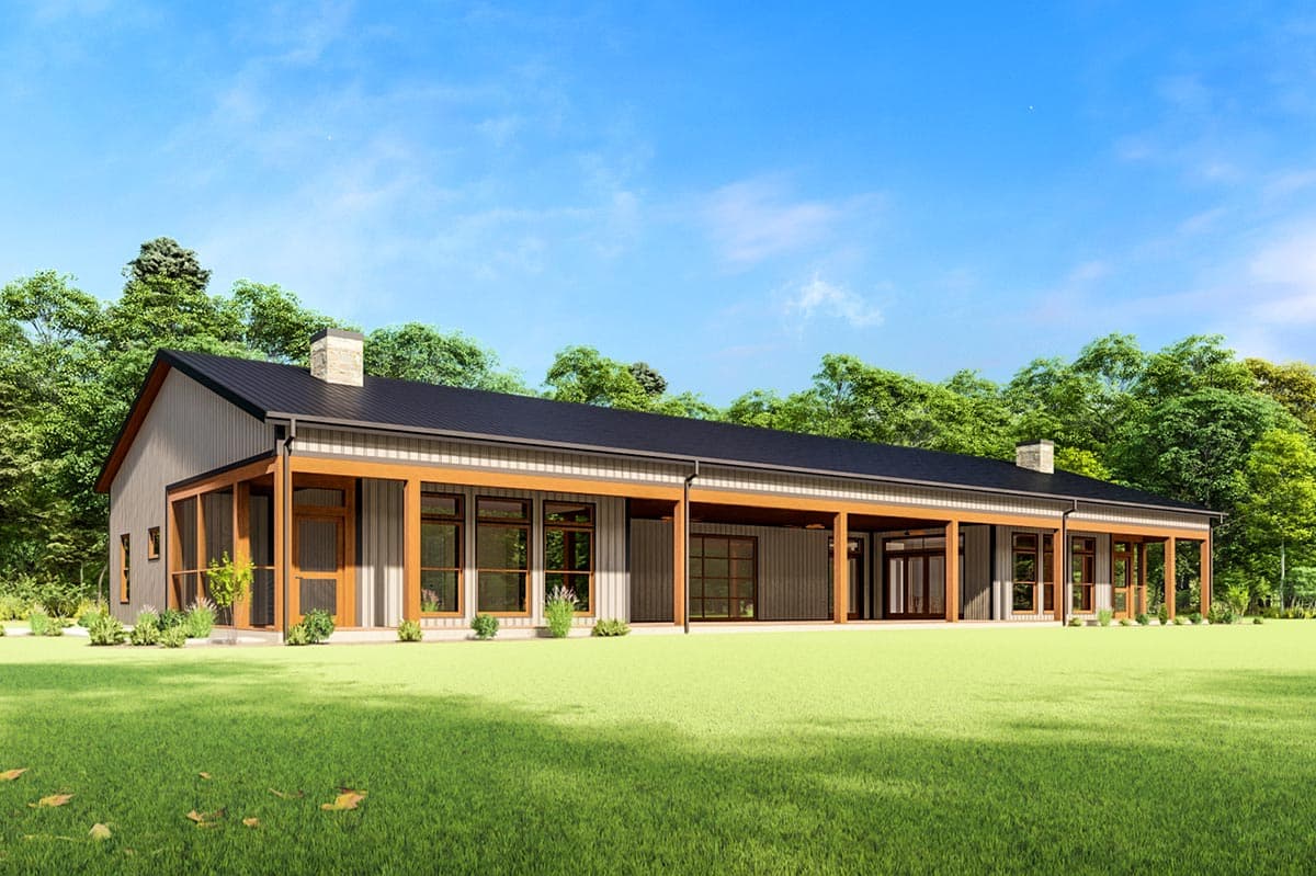 House plan exterior. One-story modern house with a covered porch, wood-framed windows, and a standing seam roof. A chimney is visible.