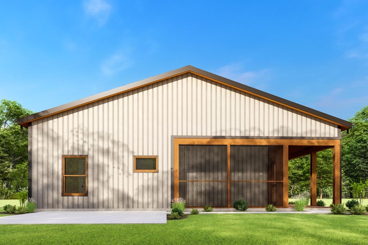 House plan exterior: Modern style, single-story with vertical siding, two windows, and a covered porch with screens.