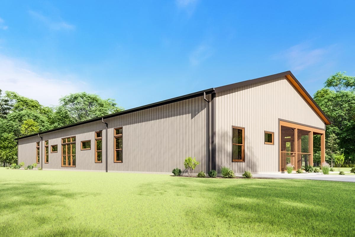 Modern house plan exterior with vertical siding, gable roof, and screened porch.