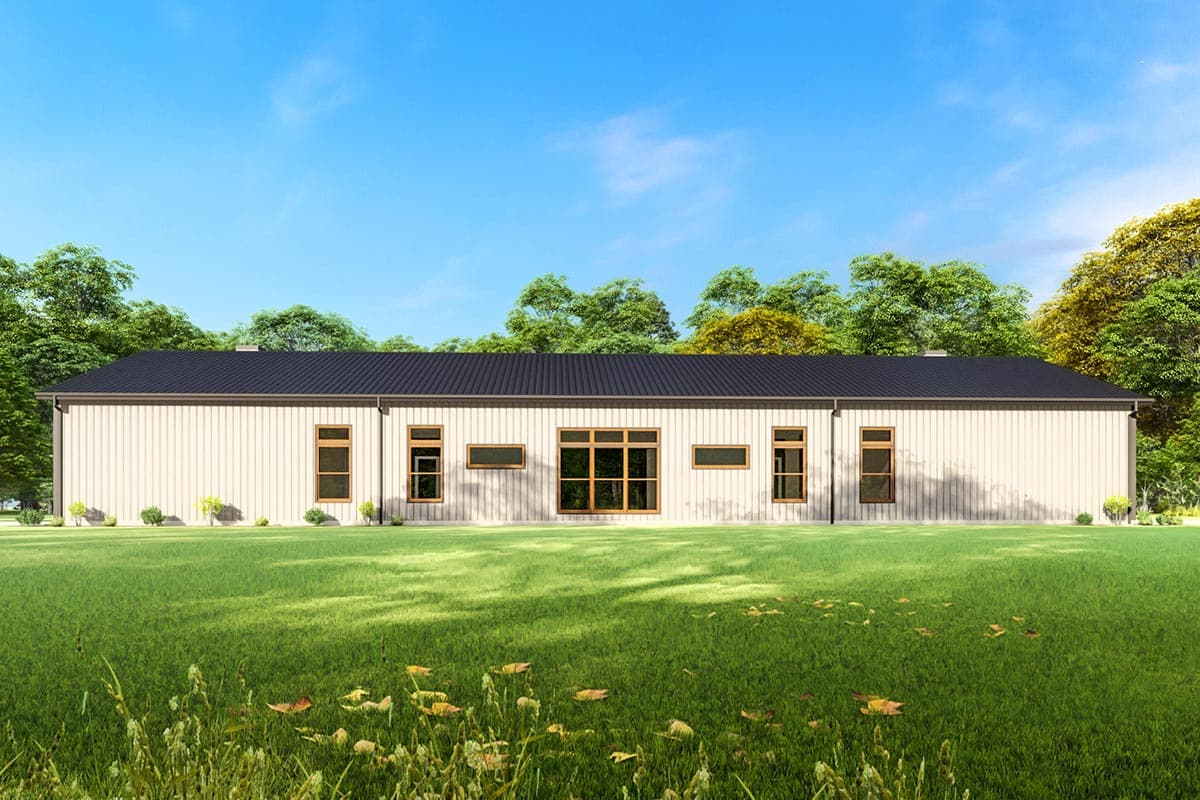 House plan exterior: Single-story modern design with vertical siding, a dark metal roof, and a central bank of large windows.