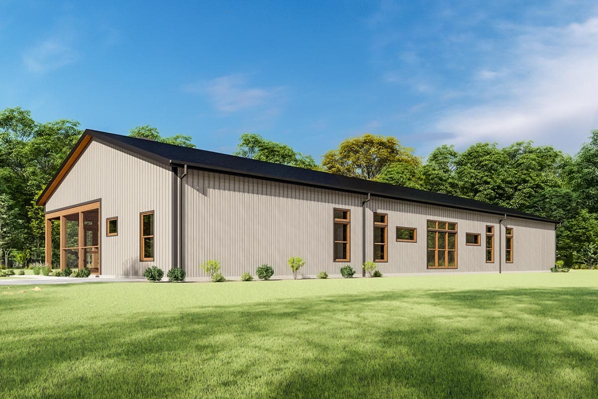 House plan exterior, single-story modern design with a gable roof, vertical siding, and multiple windows.