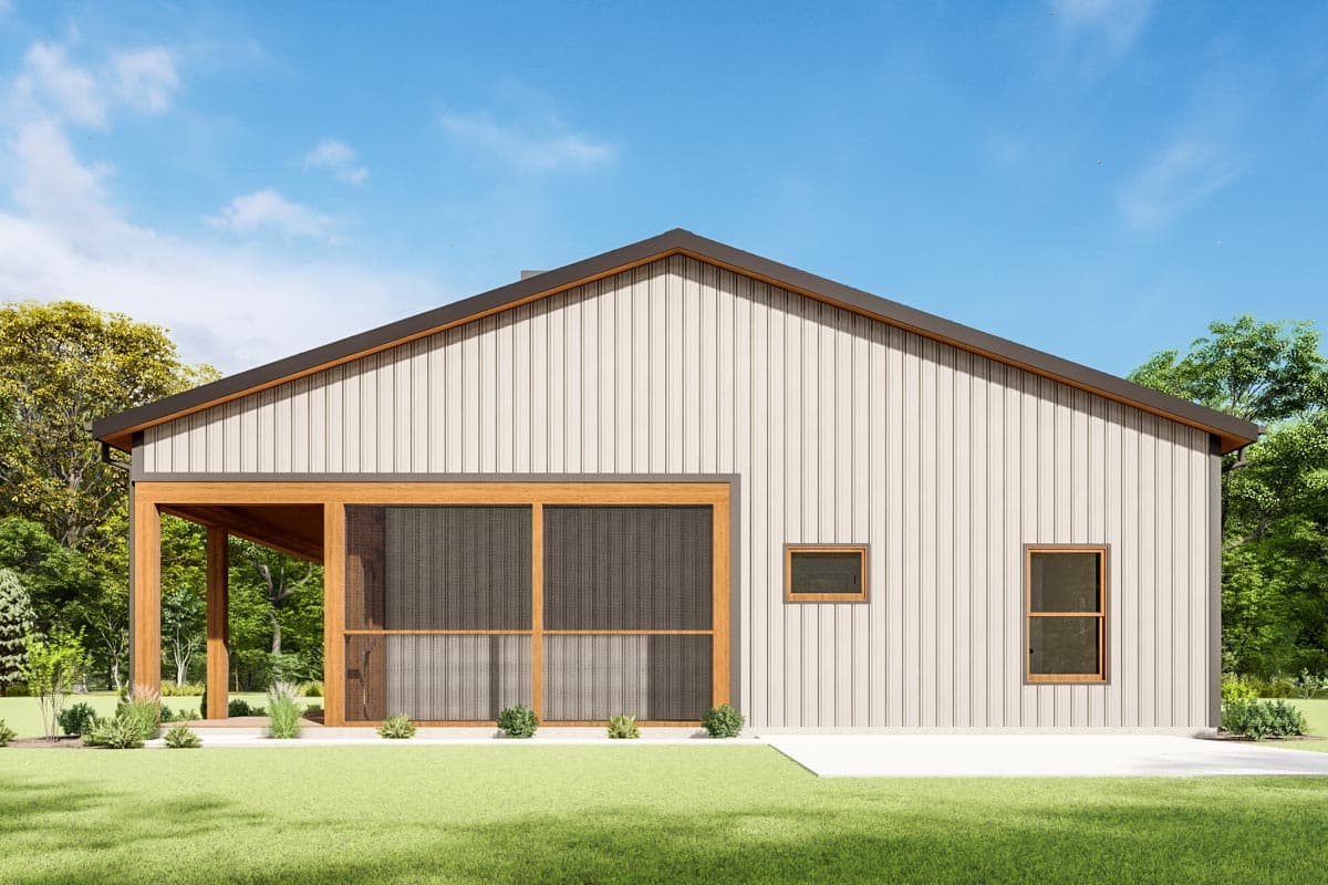 House plan exterior: Modern single-story with standing seam siding, gable roof, screened porch, and wood-framed overhang.