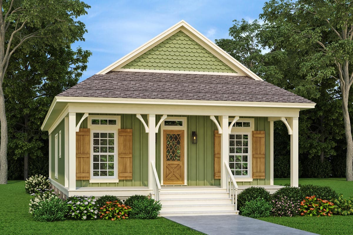 House plan exterior. One-story Cottage style with front porch, gabled roof, and decorative gable trim. Includes wood shutters and door.