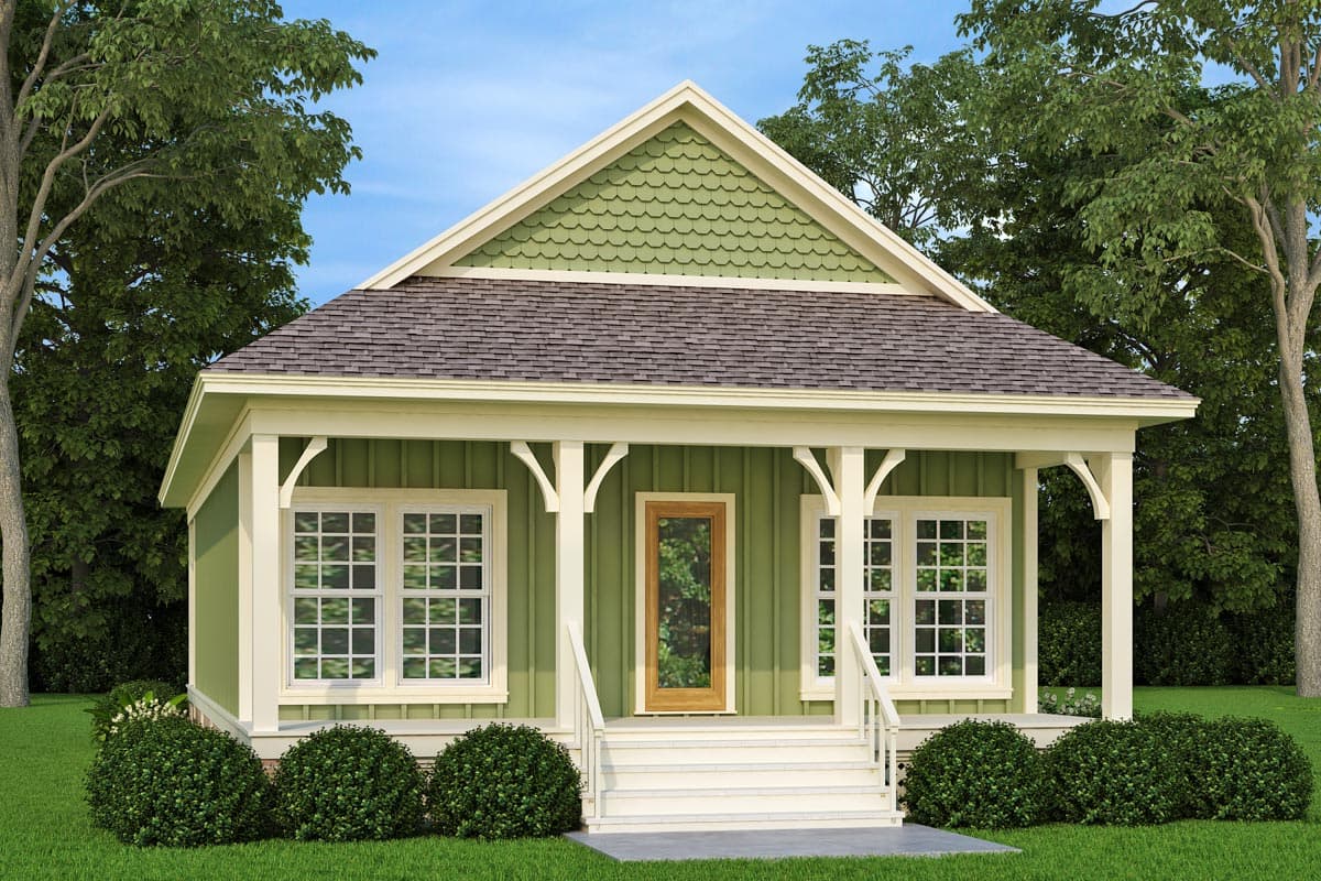 House plan exterior: One-story home with a gabled roof, a covered front porch with decorative brackets, and double-hung windows.