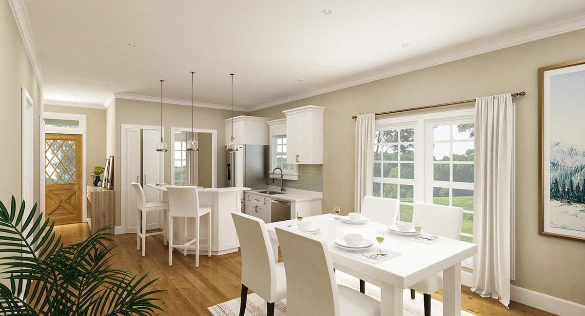 Interior rendering of an open-concept kitchen and dining area with a breakfast bar, white cabinetry, and a large window.
