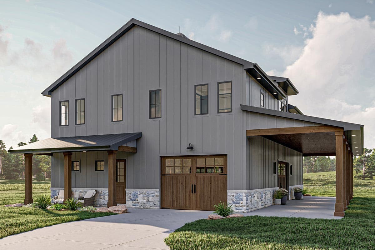 House plan exterior. Modern Farmhouse style, two stories, with shed roof, covered porch, and attached carport with exposed posts.