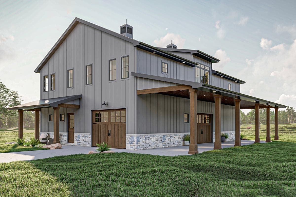 Modern Farmhouse house plan exterior with board and batten siding, stone base, two garages, and a covered porch.