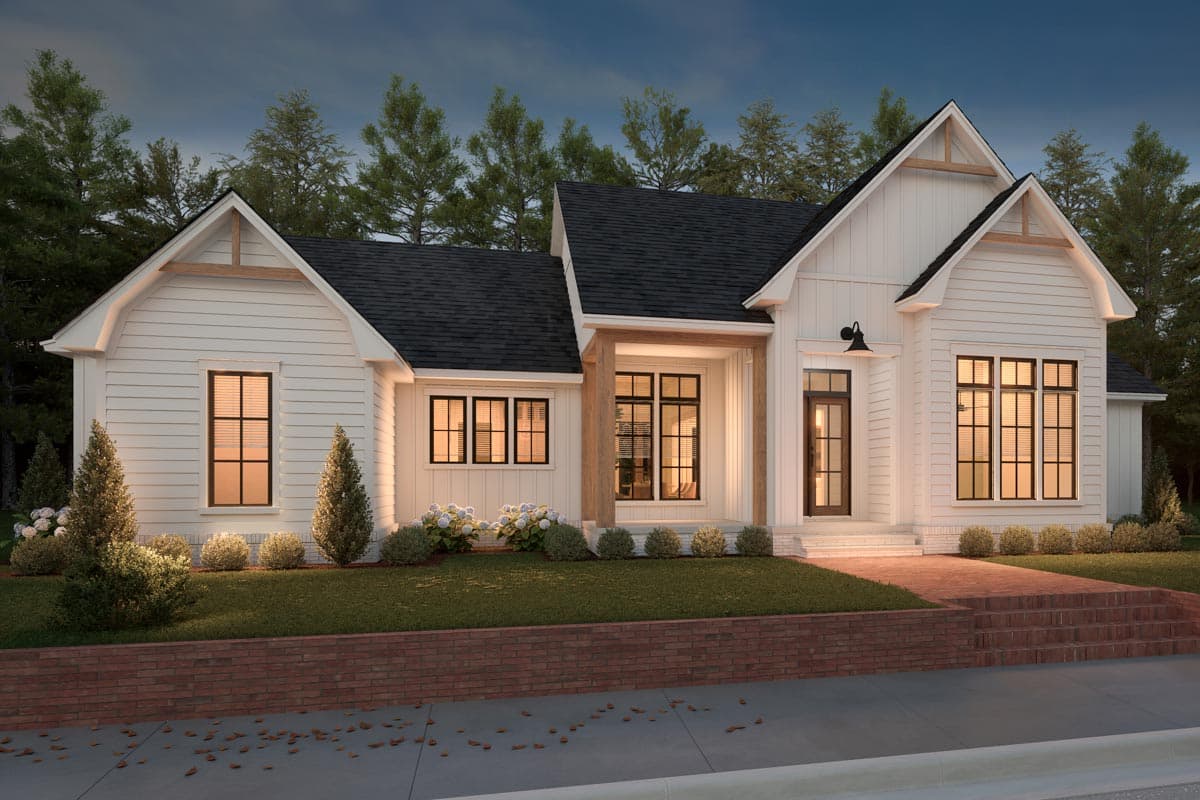 Modern Farmhouse house plan exterior with board and batten siding, gables, exposed rafter tails, and covered porch.