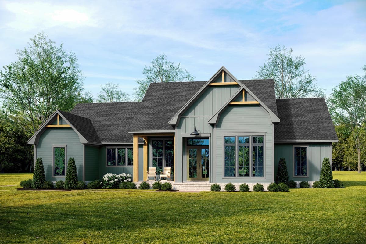 Modern Farmhouse house plan exterior with a covered entry, gables, and multiple large windows.