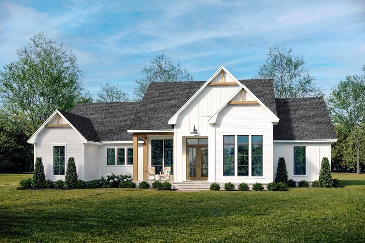 House plan exterior: Modern Farmhouse style, one story, with a covered entry porch, gables, and large windows.