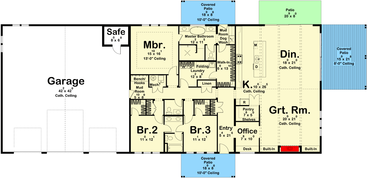 Plan 623246DJ: 3-Bed Barndominium-Style House Plan with 1835 Square Foot Garage with RV Bay - Floor Plan - Main Level - Barndominium, Country, Rustic