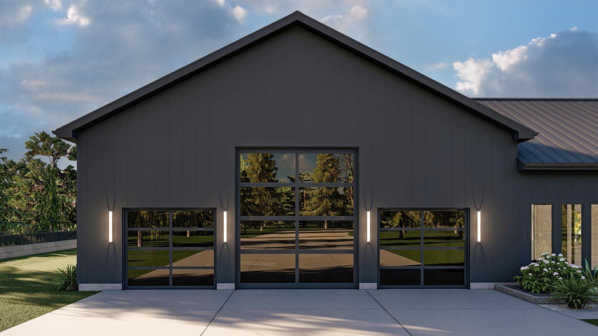 Modern house plan exterior with a large glass garage door and two smaller glass garage doors, flanked by vertical sconces.