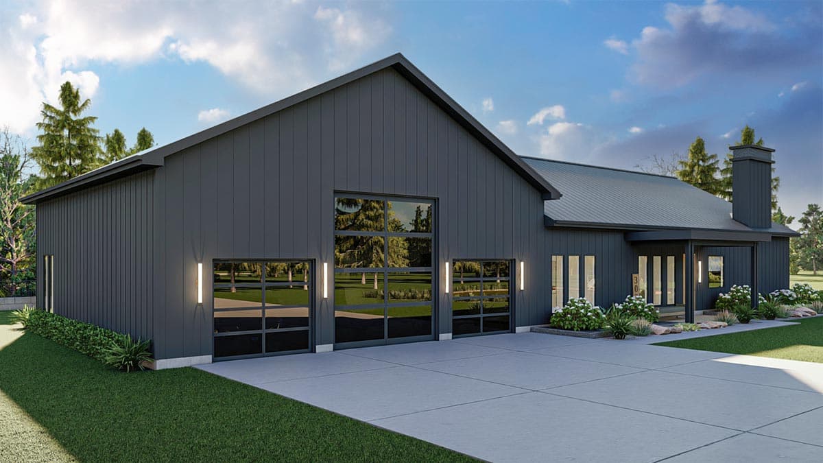 Modern house plan exterior with vertical siding, metal roof, large glass garage doors, and a covered entrance.