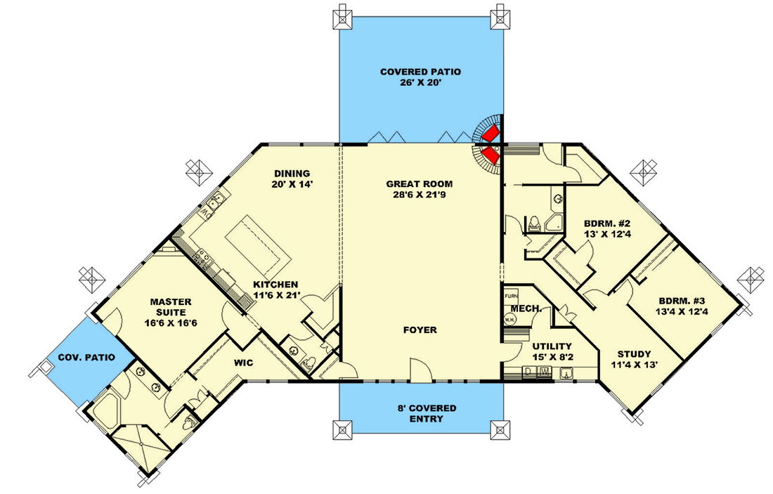 Plan 350033GH: 3-Bed Double Angled Country Home Plan with Private Master Suite - Floor Plan - Main Level - Contemporary, Country