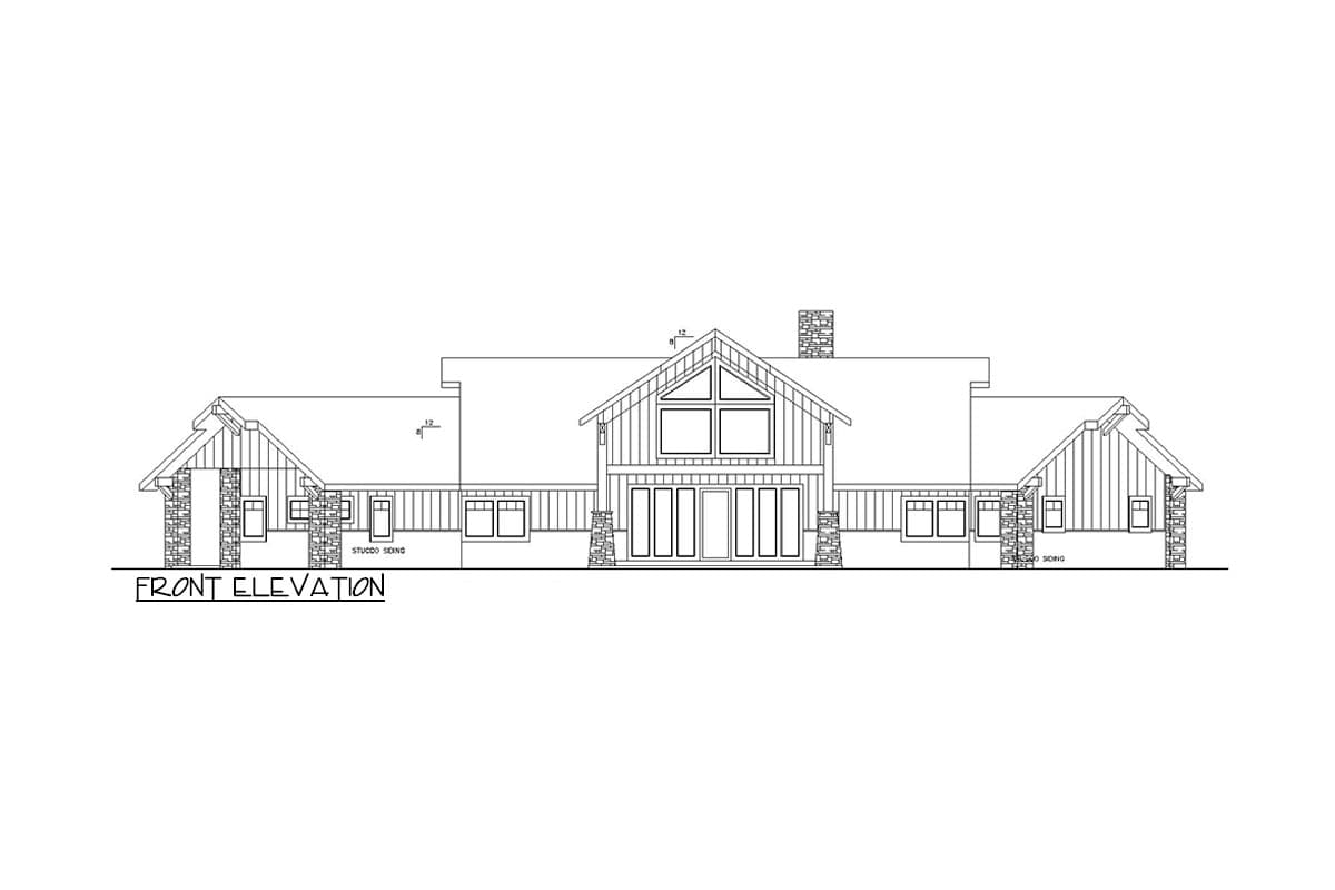 Front elevation drawing of a house plan featuring gabled dormers, stone accents, large central windows, and vertical siding.