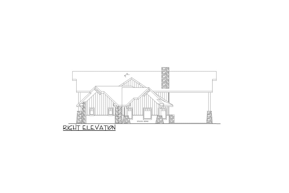 House plan right elevation drawing showing gables, stone accents, and stucco siding.